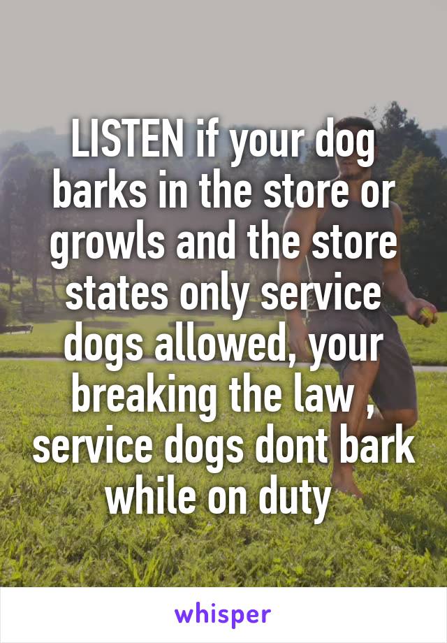 LISTEN if your dog barks in the store or growls and the store states only service dogs allowed, your breaking the law , service dogs dont bark while on duty 