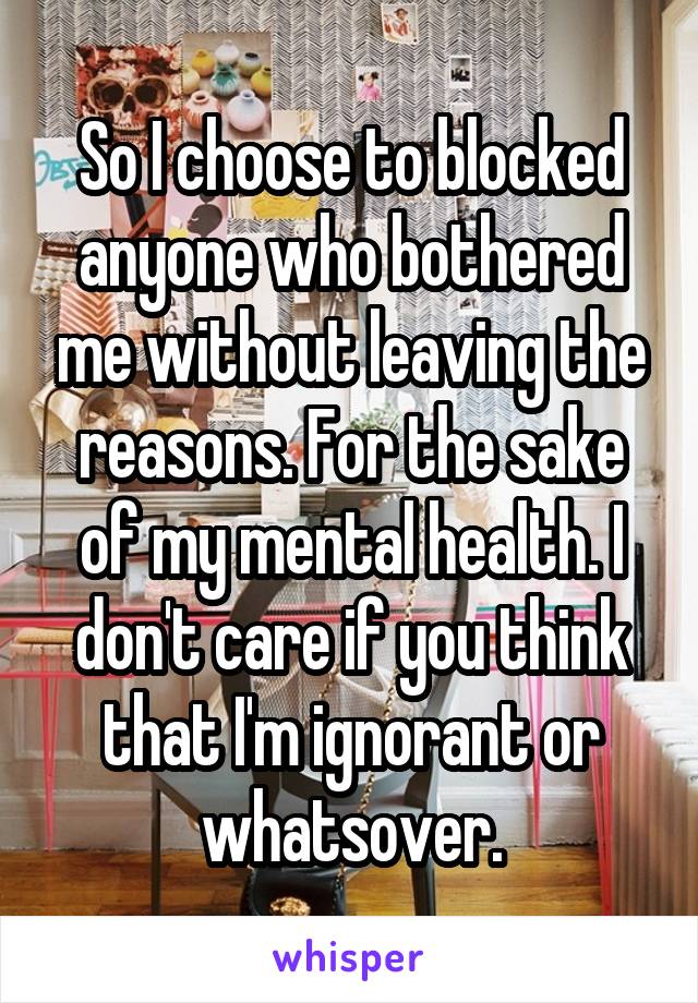 So I choose to blocked anyone who bothered me without leaving the reasons. For the sake of my mental health. I don't care if you think that I'm ignorant or whatsover.