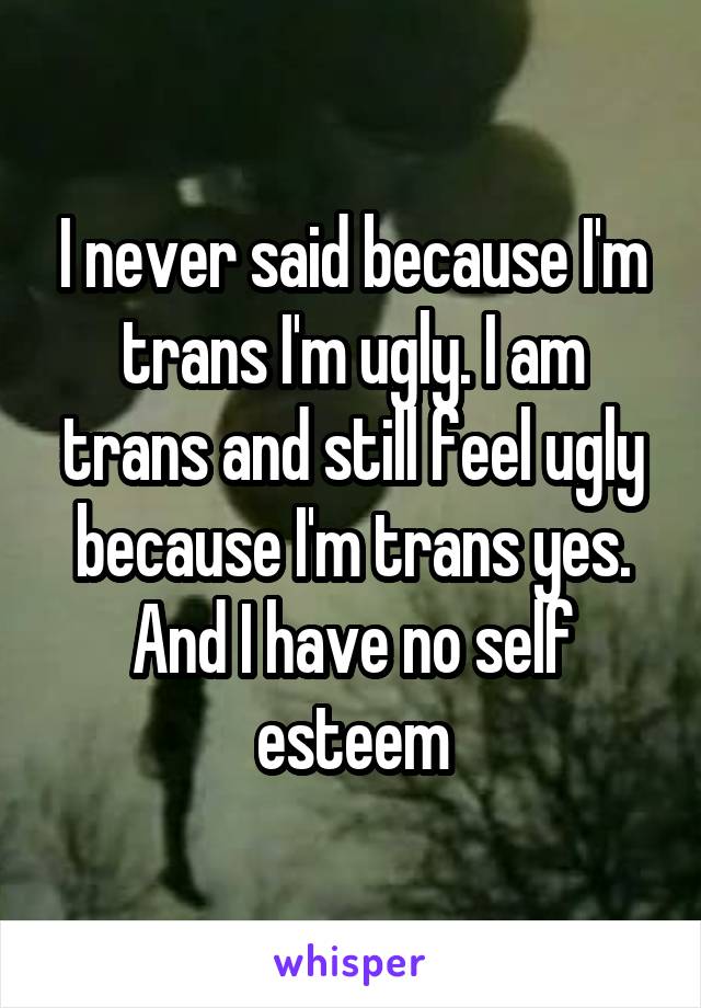 I never said because I'm trans I'm ugly. I am trans and still feel ugly because I'm trans yes. And I have no self esteem