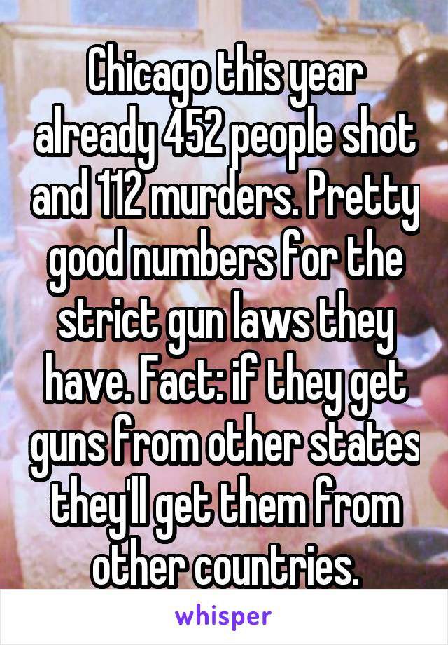 Chicago this year already 452 people shot and 112 murders. Pretty good numbers for the strict gun laws they have. Fact: if they get guns from other states they'll get them from other countries.