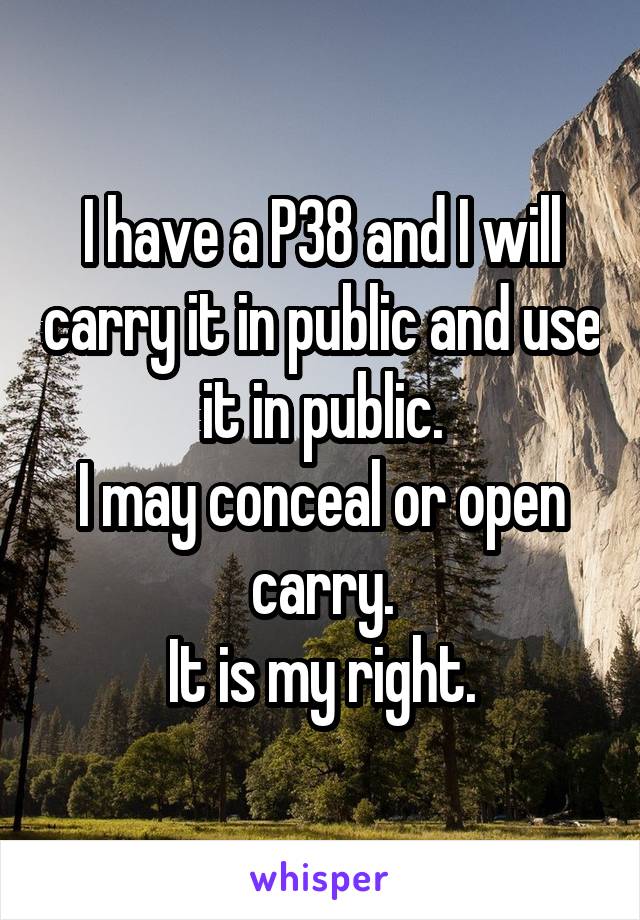 I have a P38 and I will carry it in public and use it in public.
I may conceal or open carry.
It is my right.