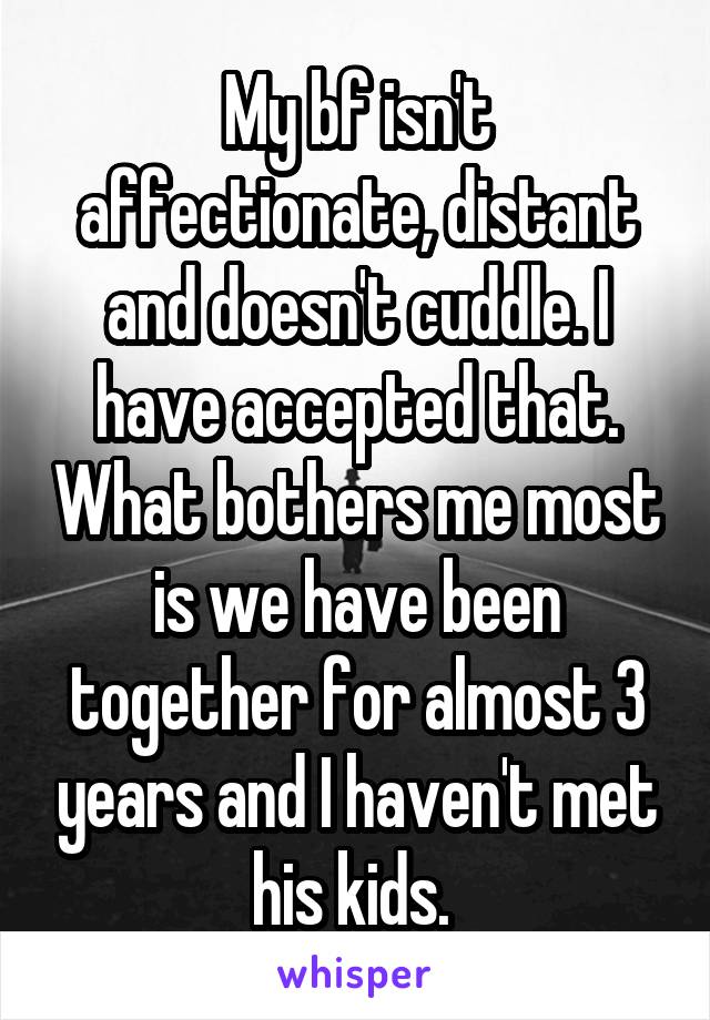 My bf isn't affectionate, distant and doesn't cuddle. I have accepted that. What bothers me most is we have been together for almost 3 years and I haven't met his kids. 