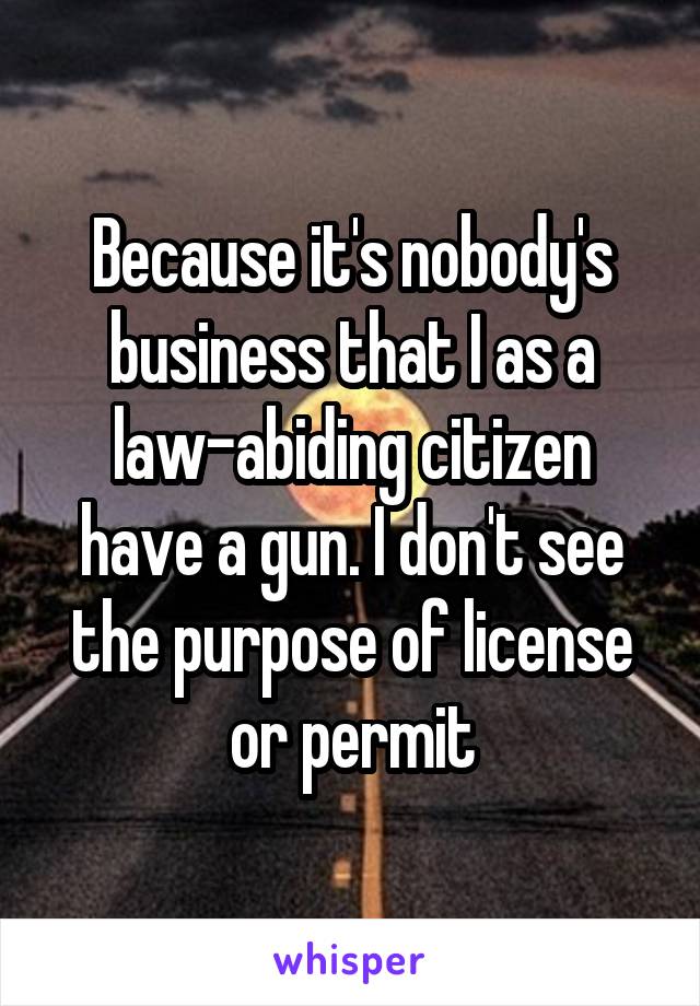 Because it's nobody's business that I as a law-abiding citizen have a gun. I don't see the purpose of license or permit