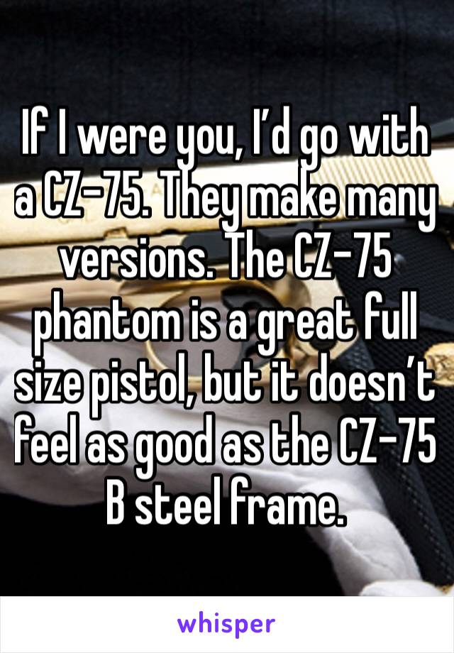 If I were you, I’d go with a CZ-75. They make many versions. The CZ-75 phantom is a great full size pistol, but it doesn’t feel as good as the CZ-75 B steel frame. 