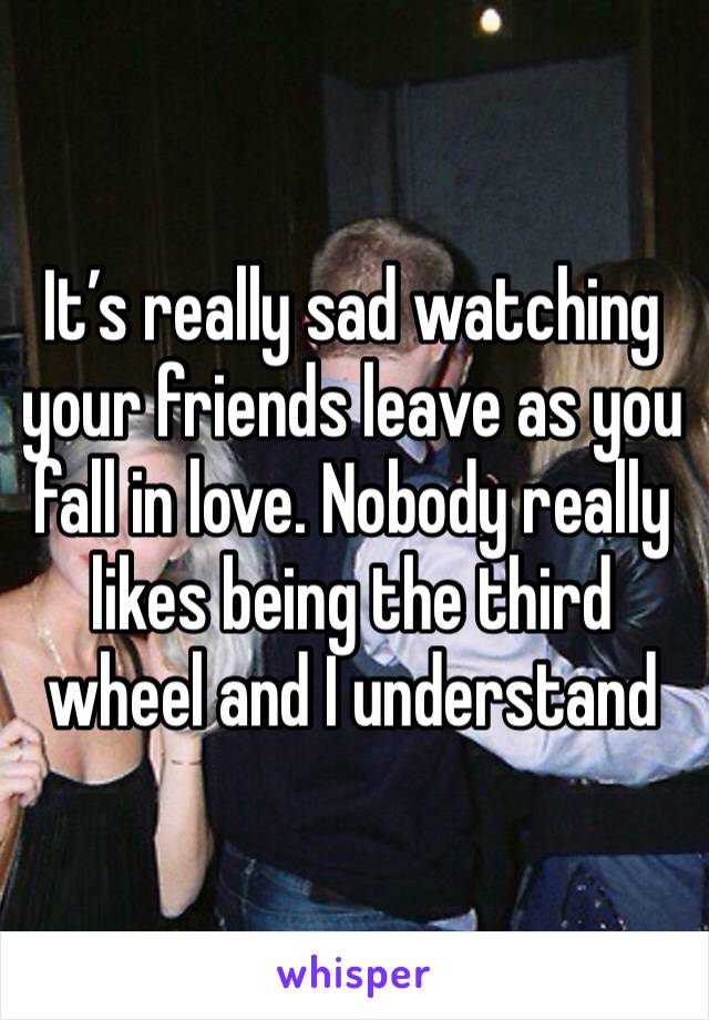 It’s really sad watching your friends leave as you fall in love. Nobody really likes being the third wheel and I understand 