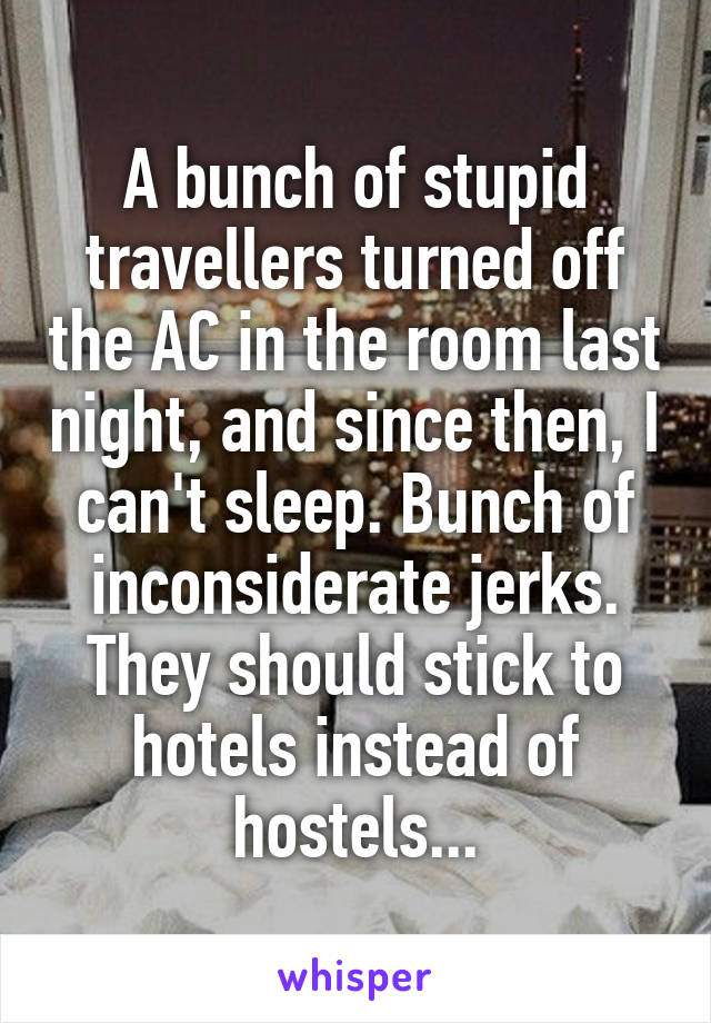 A bunch of stupid travellers turned off the AC in the room last night, and since then, I can't sleep. Bunch of inconsiderate jerks. They should stick to hotels instead of hostels...