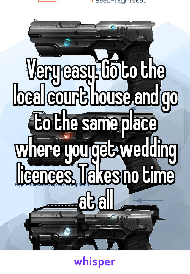 Very easy. Go to the local court house and go to the same place where you get wedding licences. Takes no time at all