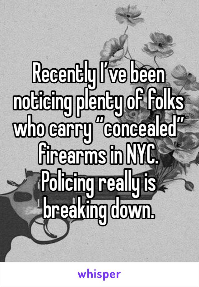 Recently I’ve been noticing plenty of folks who carry “concealed” firearms in NYC.
Policing really is
breaking down.