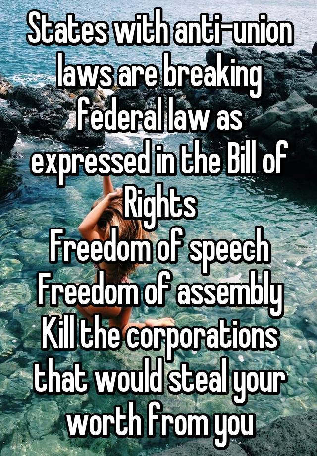 States with anti-union laws are breaking federal law as expressed in the Bill of Rights
Freedom of speech
Freedom of assembly
Kill the corporations that would steal your worth from you