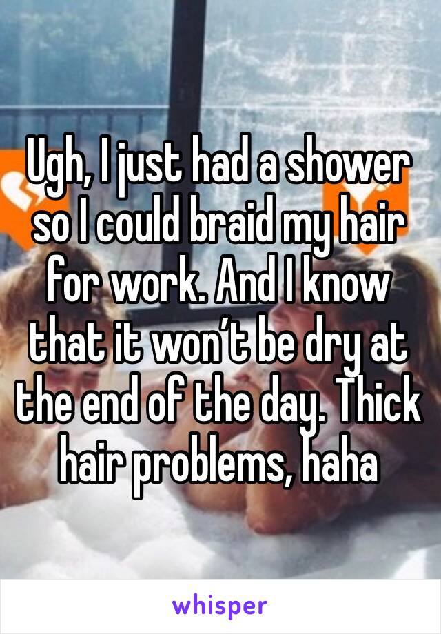 Ugh, I just had a shower so I could braid my hair for work. And I know that it won’t be dry at the end of the day. Thick hair problems, haha