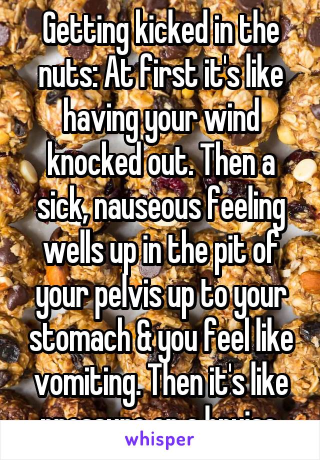 Getting kicked in the nuts: At first it's like having your wind knocked out. Then a sick, nauseous feeling wells up in the pit of your pelvis up to your stomach & you feel like vomiting. Then it's like pressure on a bruise.