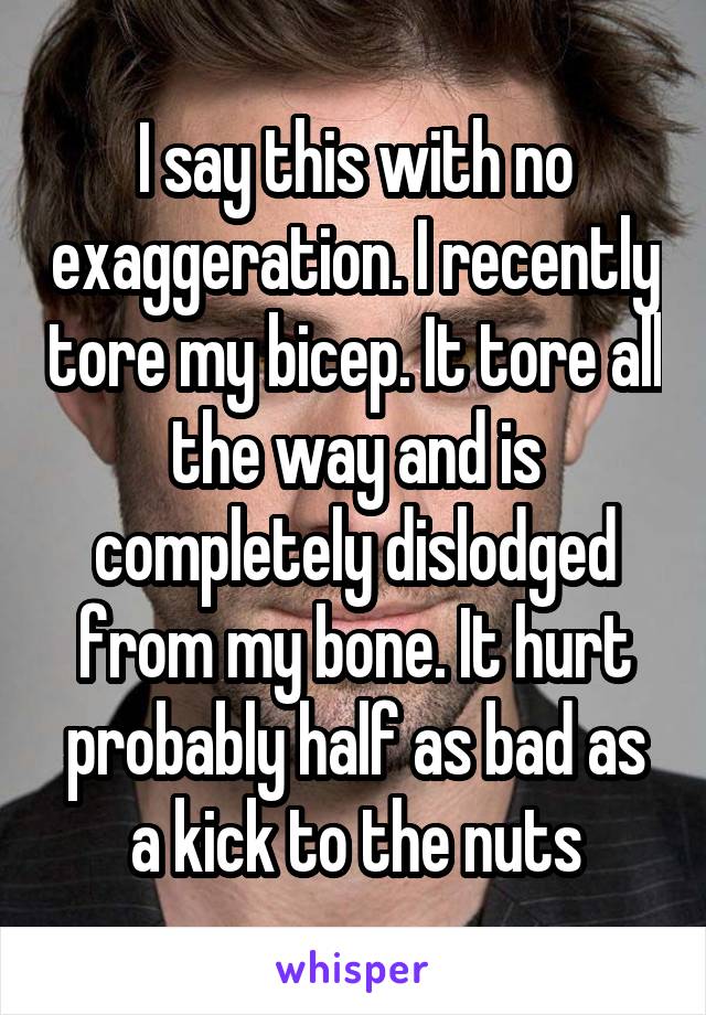 I say this with no exaggeration. I recently tore my bicep. It tore all the way and is completely dislodged from my bone. It hurt probably half as bad as a kick to the nuts