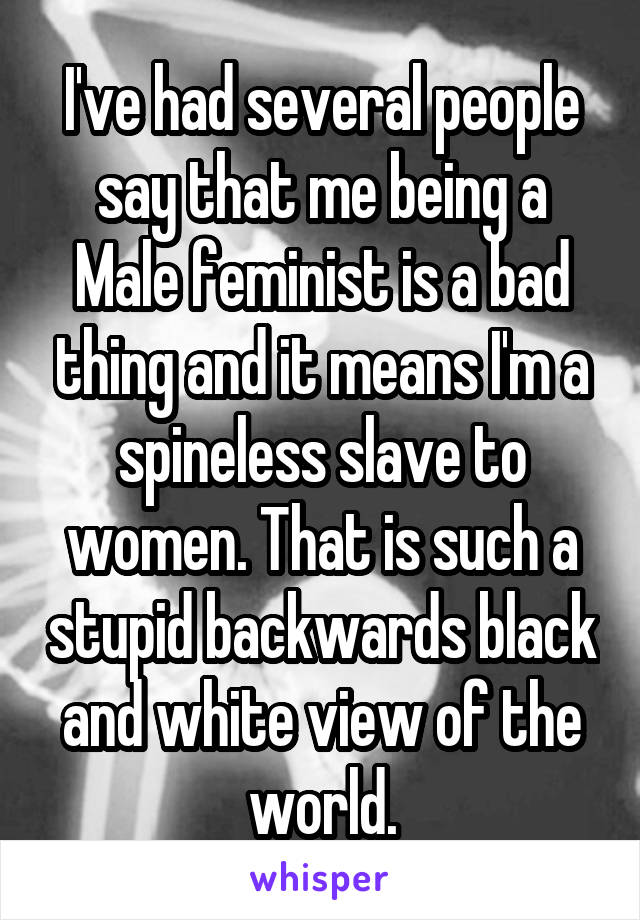 I've had several people say that me being a Male feminist is a bad thing and it means I'm a spineless slave to women. That is such a stupid backwards black and white view of the world.