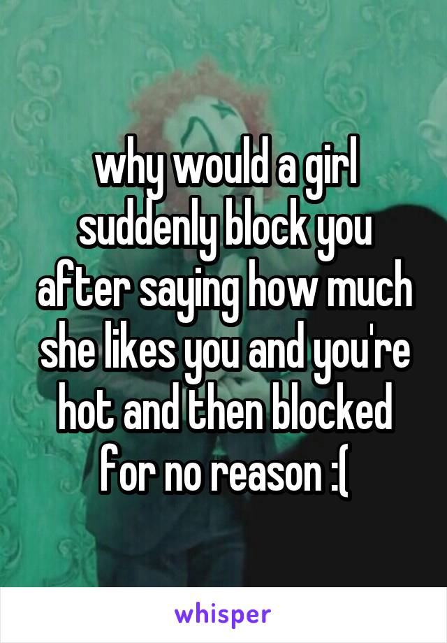 why would a girl suddenly block you after saying how much she likes you and you're hot and then blocked for no reason :(