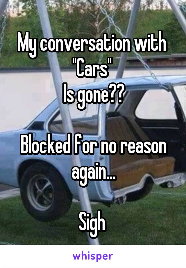 My conversation with 
"Cars" 
Is gone??

Blocked for no reason again...

Sigh 