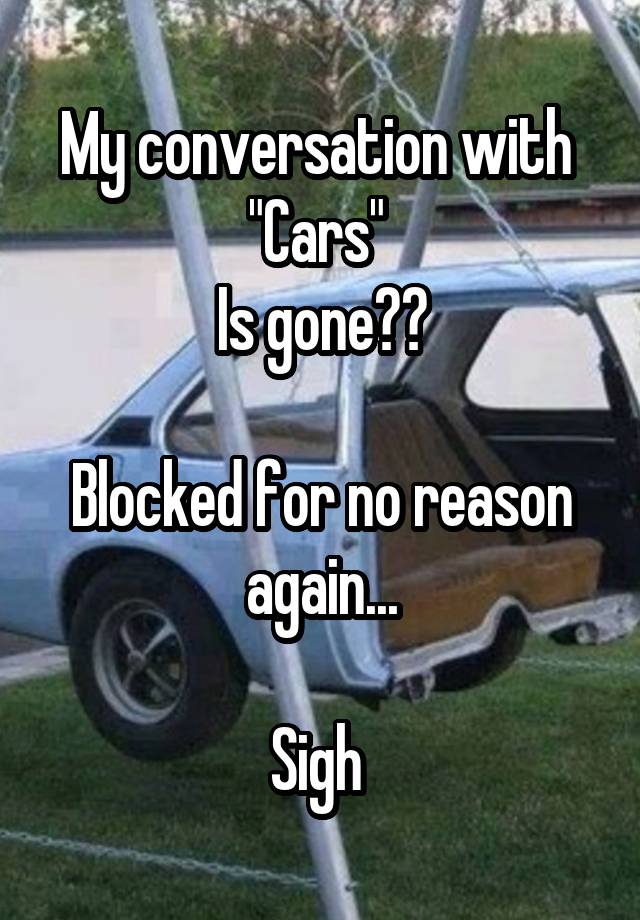 My conversation with 
"Cars" 
Is gone??

Blocked for no reason again...

Sigh 