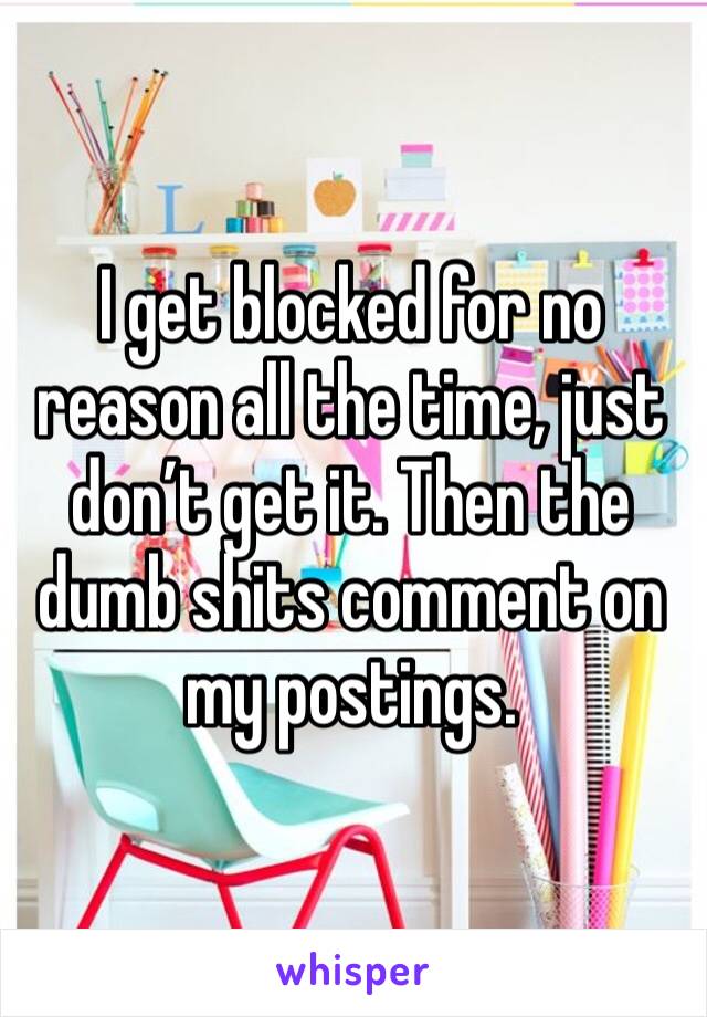 I get blocked for no reason all the time, just don’t get it. Then the dumb shits comment on my postings. 