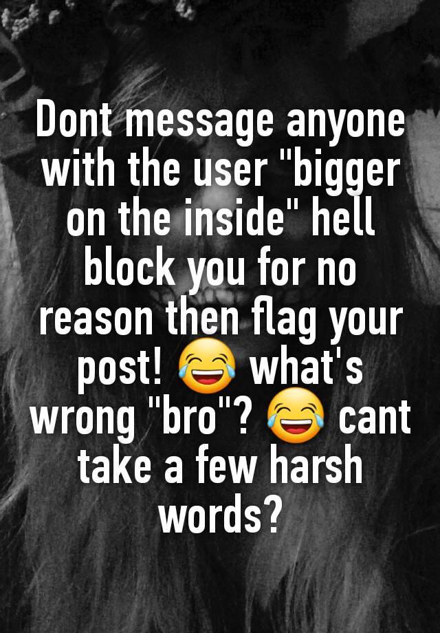 Dont message anyone with the user "bigger on the inside" hell block you for no reason then flag your post! 😂 what's wrong "bro"? 😂 cant take a few harsh words?