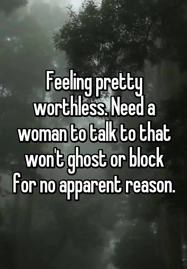 Feeling pretty worthless. Need a woman to talk to that won't ghost or block for no apparent reason.