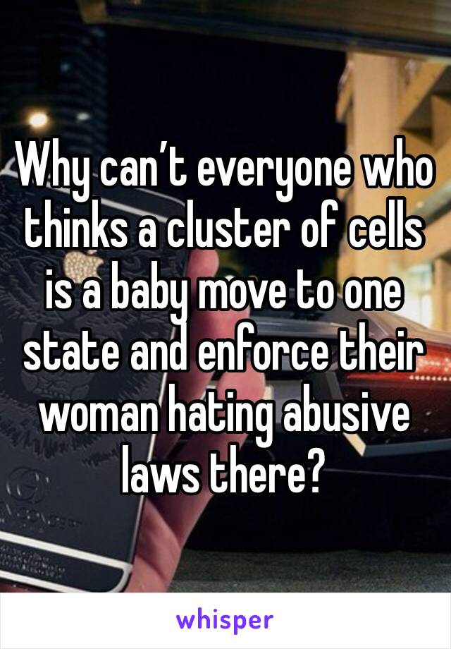 Why can’t everyone who thinks a cluster of cells is a baby move to one state and enforce their woman hating abusive laws there? 