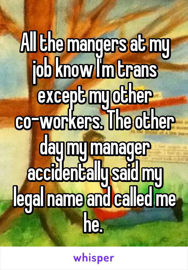 All the mangers at my job know I'm trans except my other co-workers. The other day my manager accidentally said my legal name and called me he. 