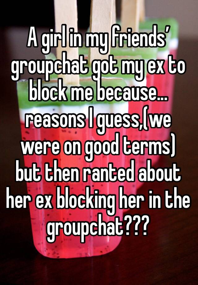 A girl in my friends’ groupchat got my ex to block me because... reasons I guess,(we were on good terms) but then ranted about her ex blocking her in the groupchat??? 