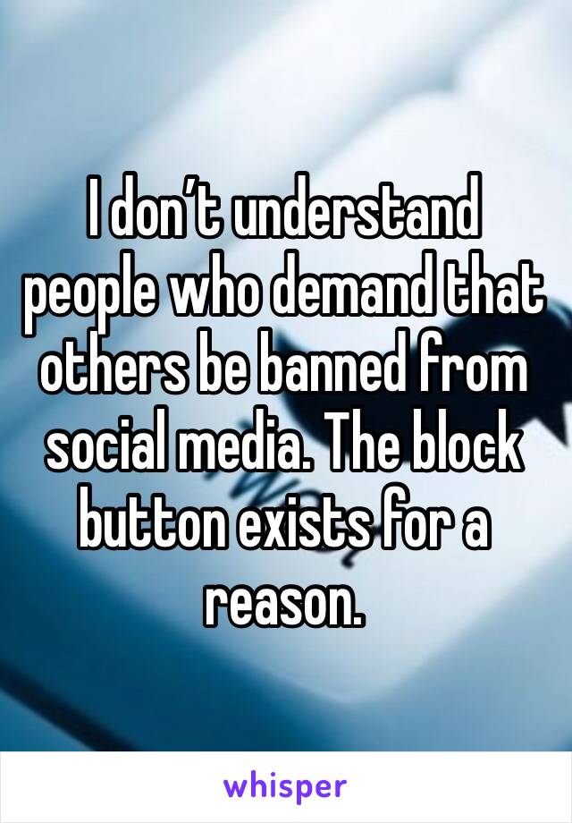 I don’t understand people who demand that others be banned from social media. The block button exists for a reason.