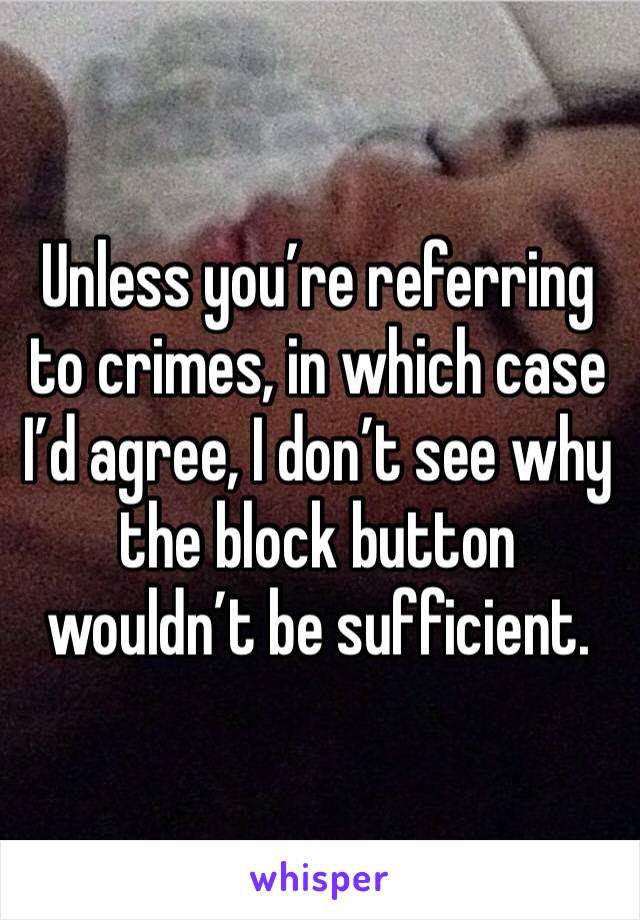 Unless you’re referring to crimes, in which case I’d agree, I don’t see why the block button wouldn’t be sufficient.