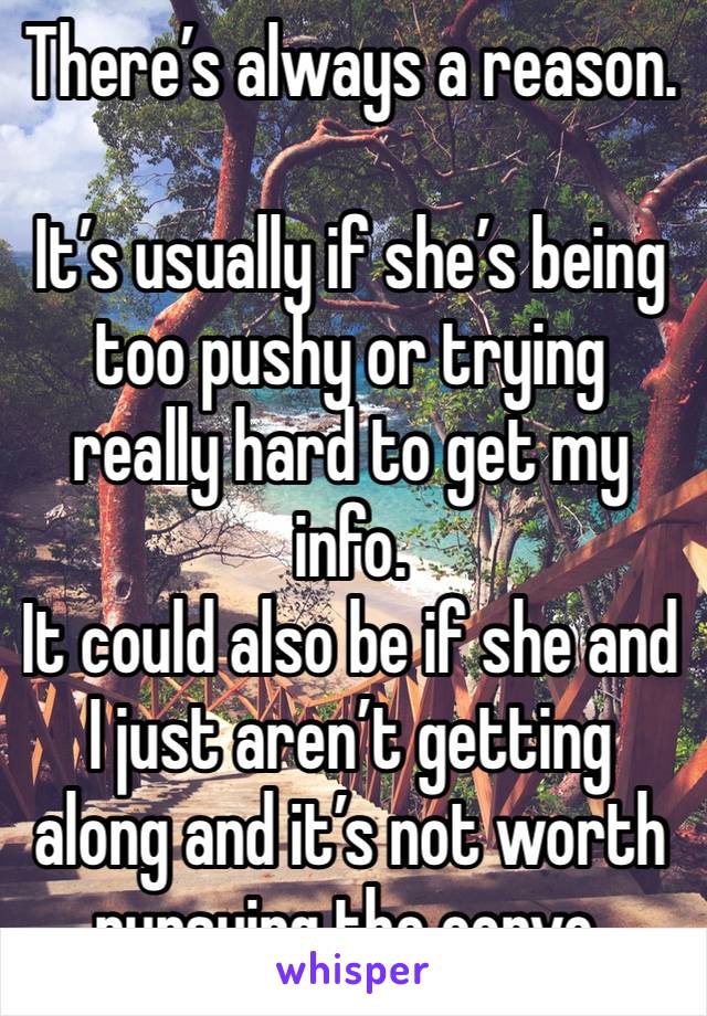 There’s always a reason.

It’s usually if she’s being too pushy or trying really hard to get my info.
It could also be if she and I just aren’t getting along and it’s not worth pursuing the convo.