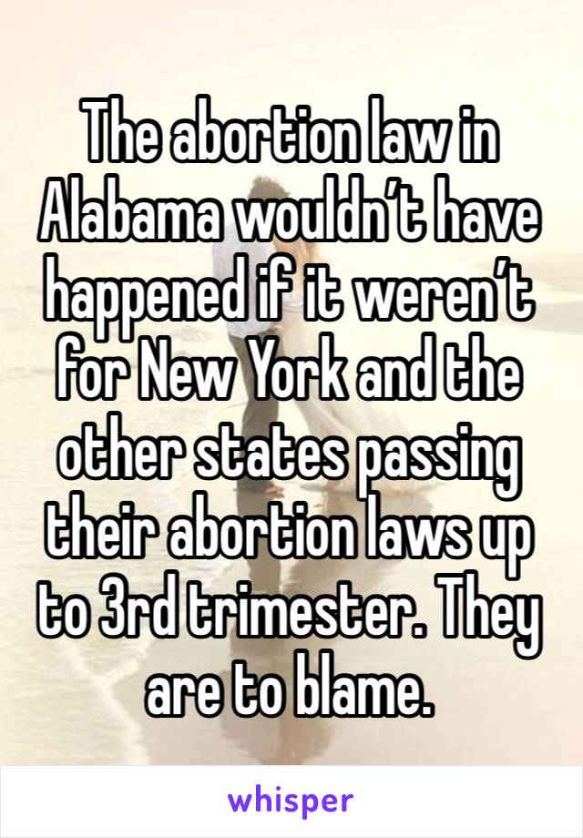 The abortion law in Alabama wouldn’t have happened if it weren’t for New York and the other states passing their abortion laws up to 3rd trimester. They are to blame. 