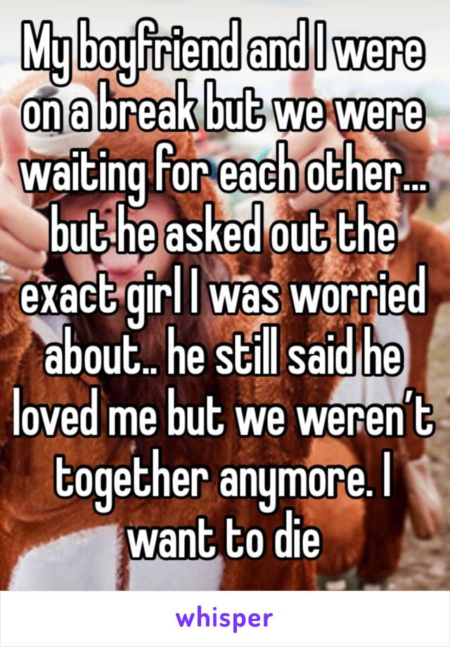 My boyfriend and I were on a break but we were waiting for each other... but he asked out the exact girl I was worried about.. he still said he loved me but we weren’t together anymore. I want to die 