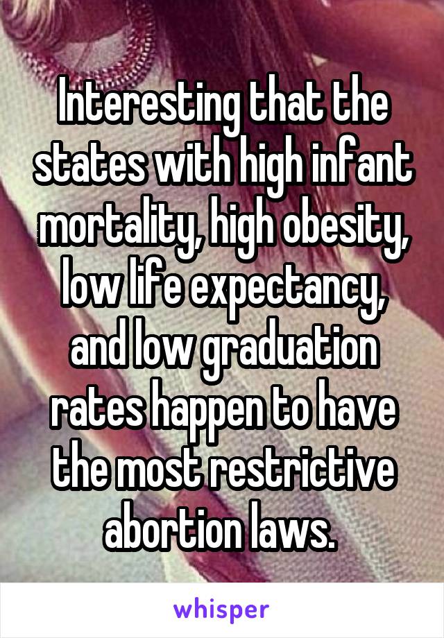 Interesting that the states with high infant mortality, high obesity, low life expectancy, and low graduation rates happen to have the most restrictive abortion laws. 