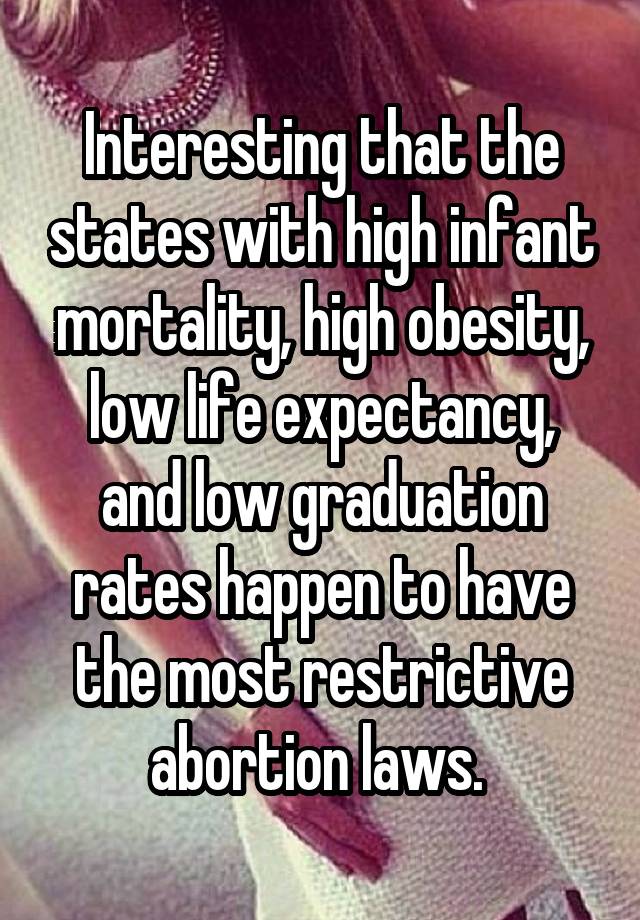 Interesting that the states with high infant mortality, high obesity, low life expectancy, and low graduation rates happen to have the most restrictive abortion laws. 