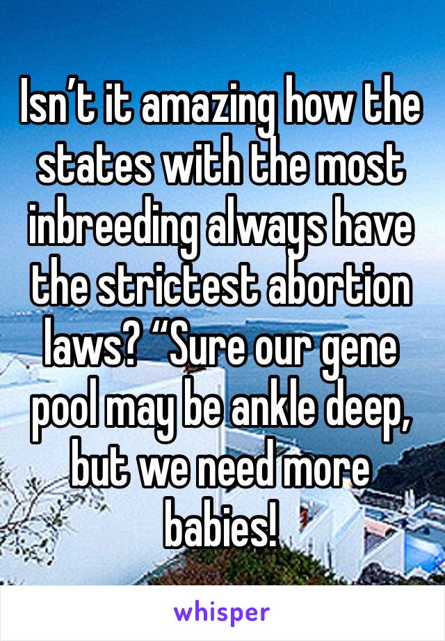 Isn’t it amazing how the states with the most inbreeding always have the strictest abortion laws? “Sure our gene pool may be ankle deep, but we need more babies!