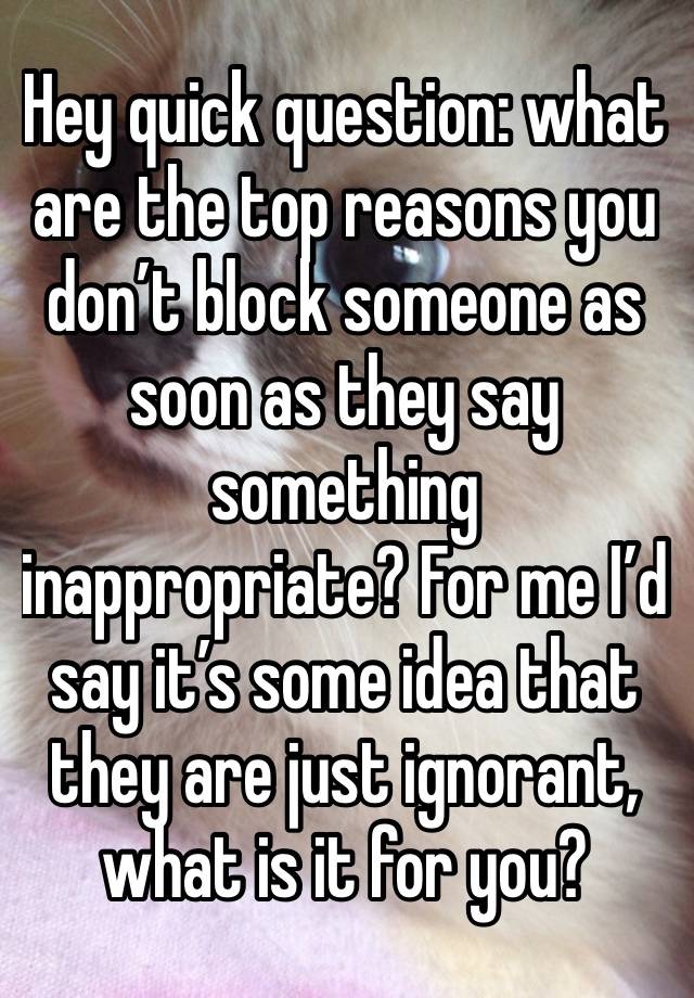 Hey quick question: what are the top reasons you don’t block someone as soon as they say something inappropriate? For me I’d say it’s some idea that they are just ignorant, what is it for you?