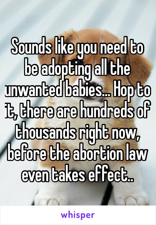 Sounds like you need to be adopting all the unwanted babies… Hop to it, there are hundreds of thousands right now, before the abortion law even takes effect.. 