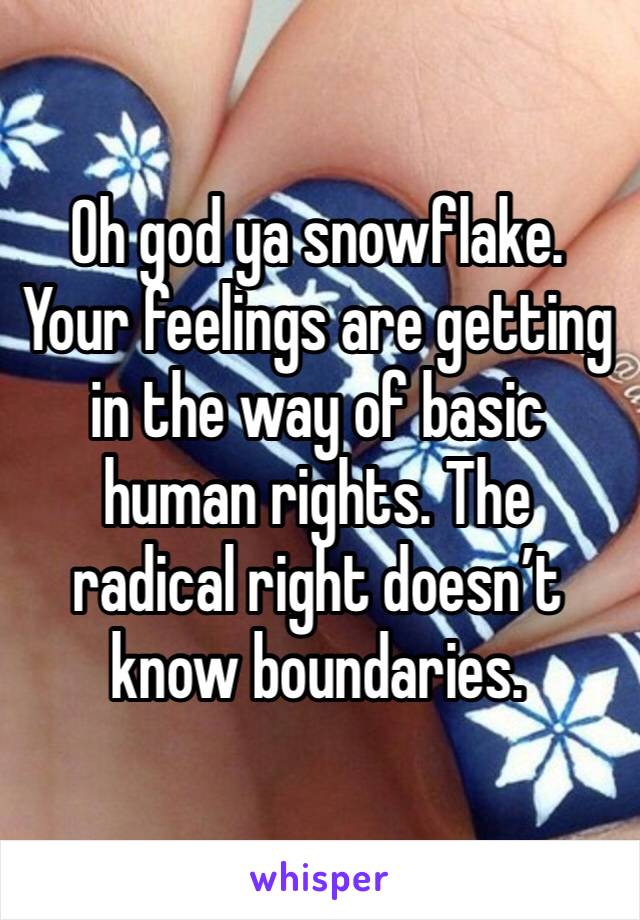 Oh god ya snowflake. Your feelings are getting in the way of basic human rights. The radical right doesn’t know boundaries. 