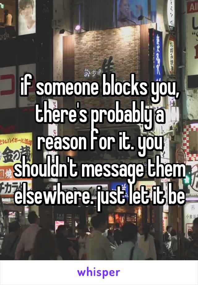 if someone blocks you, there's probably a reason for it. you shouldn't message them elsewhere. just let it be