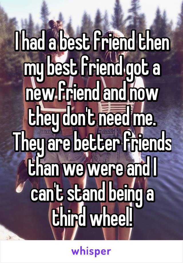 I had a best friend then my best friend got a new friend and now they don't need me. They are better friends than we were and I can't stand being a third wheel!