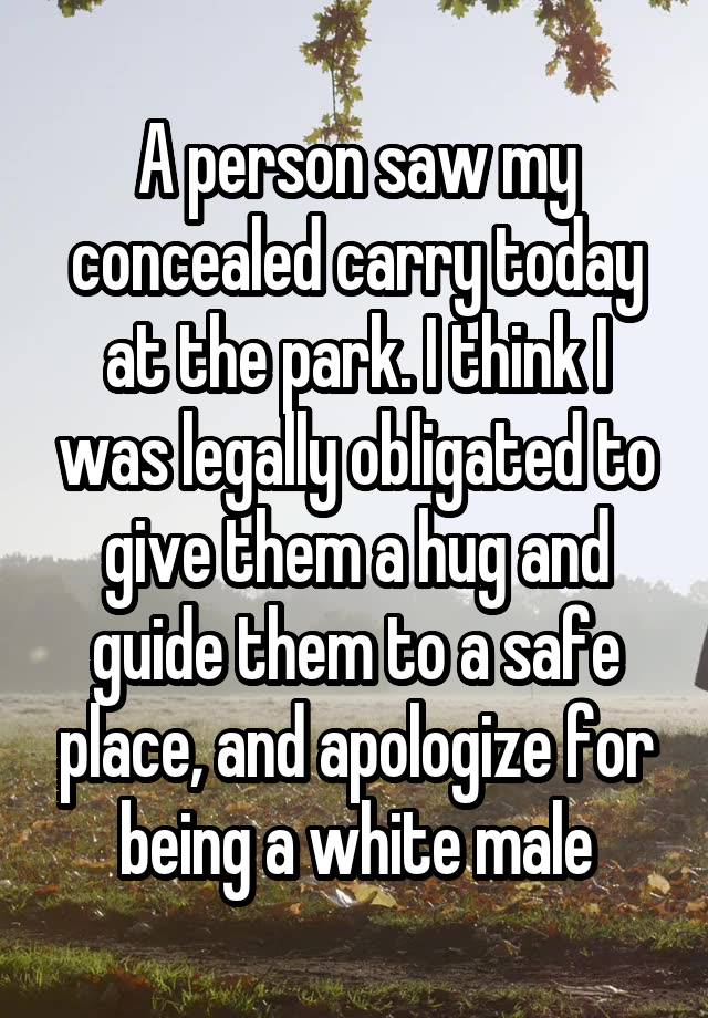 A person saw my concealed carry today at the park. I think I was legally obligated to give them a hug and guide them to a safe place, and apologize for being a white male