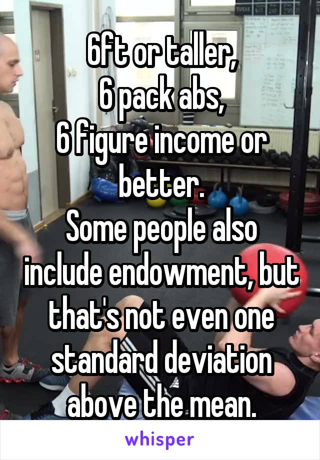 6ft or taller,
6 pack abs,
6 figure income or better.
Some people also include endowment, but that's not even one standard deviation above the mean.