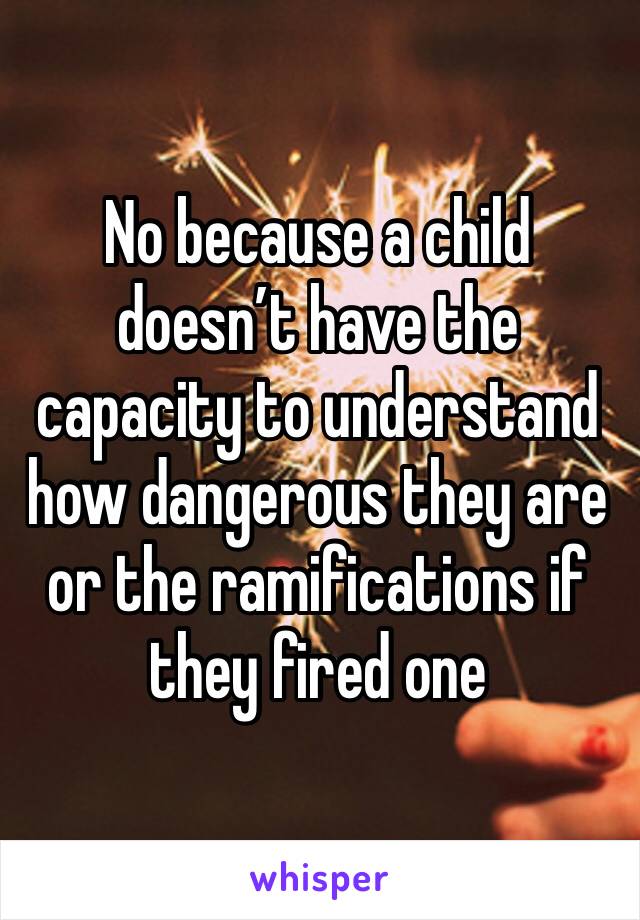 No because a child doesn’t have the capacity to understand how dangerous they are or the ramifications if they fired one