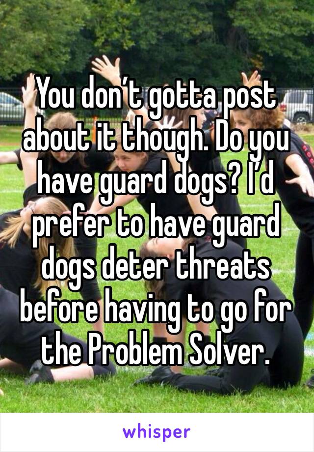 You don’t gotta post about it though. Do you have guard dogs? I’d prefer to have guard dogs deter threats before having to go for the Problem Solver.