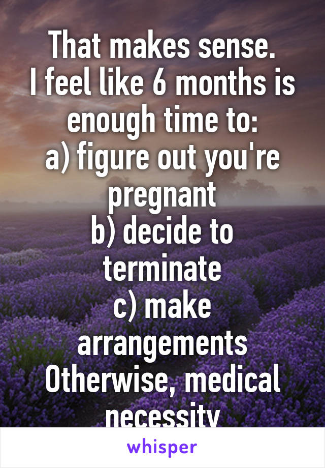 That makes sense.
I feel like 6 months is enough time to:
a) figure out you're pregnant
b) decide to terminate
c) make arrangements
Otherwise, medical necessity