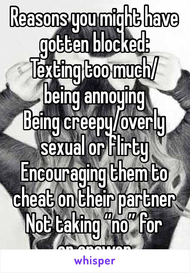 Reasons you might have gotten blocked:
Texting too much/being annoying 
Being creepy/overly sexual or flirty
Encouraging them to cheat on their partner
Not taking “no” for an answer