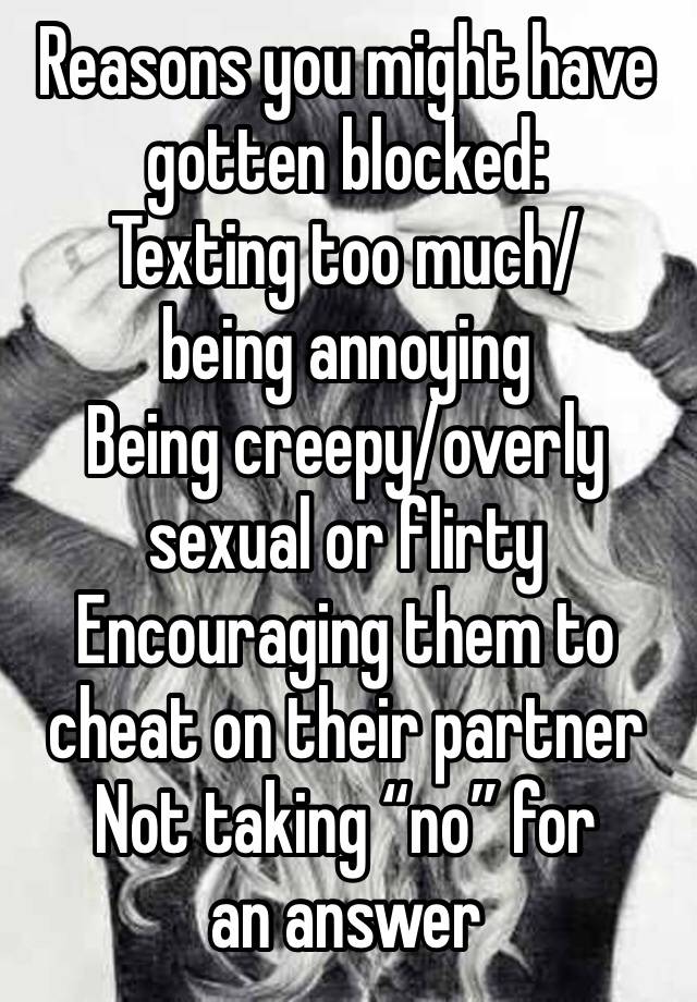 Reasons you might have gotten blocked:
Texting too much/being annoying 
Being creepy/overly sexual or flirty
Encouraging them to cheat on their partner
Not taking “no” for an answer