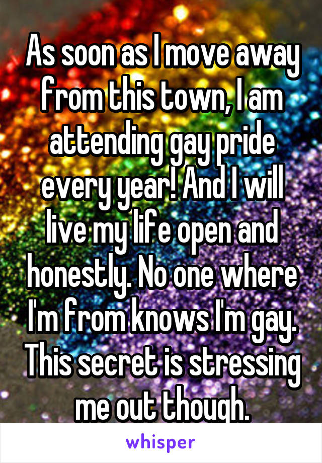 As soon as I move away from this town, I am attending gay pride every year! And I will live my life open and honestly. No one where I'm from knows I'm gay. This secret is stressing me out though.