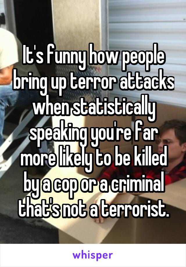 It's funny how people bring up terror attacks when statistically speaking you're far more likely to be killed by a cop or a criminal that's not a terrorist.