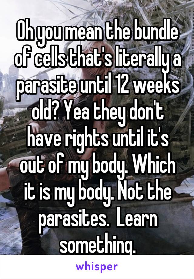 Oh you mean the bundle of cells that's literally a parasite until 12 weeks old? Yea they don't have rights until it's out of my body. Which it is my body. Not the parasites.  Learn something.