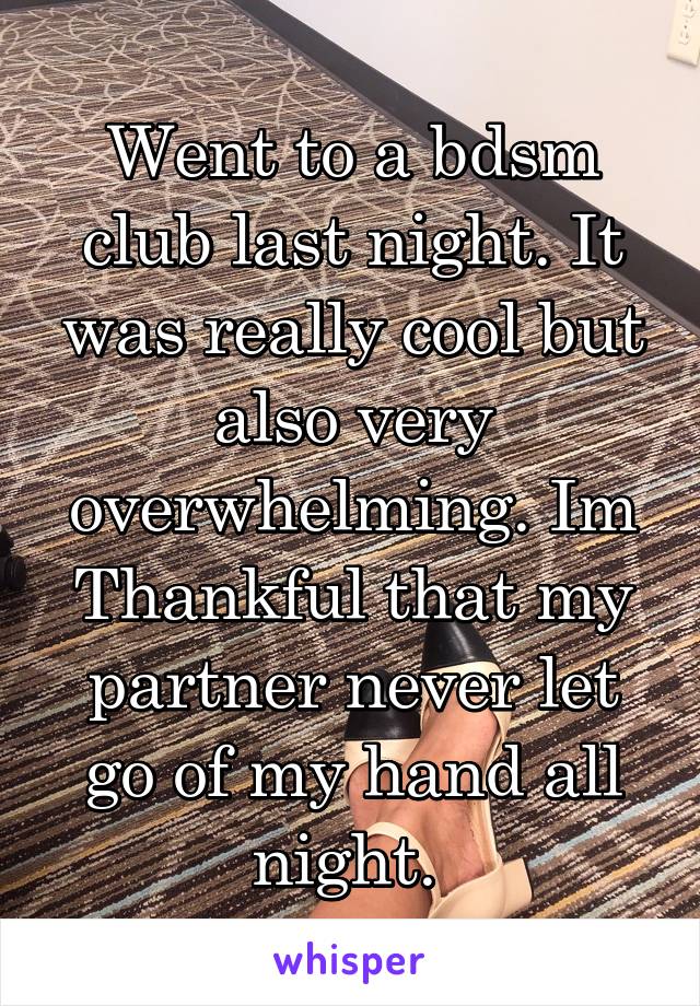 Went to a bdsm club last night. It was really cool but also very overwhelming. Im Thankful that my partner never let go of my hand all night. 